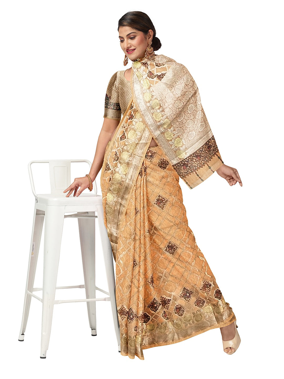 Handpainted Madhubani Peach colour Saree on Banarasi Chanderi